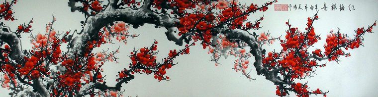 八尺对开红梅报春图